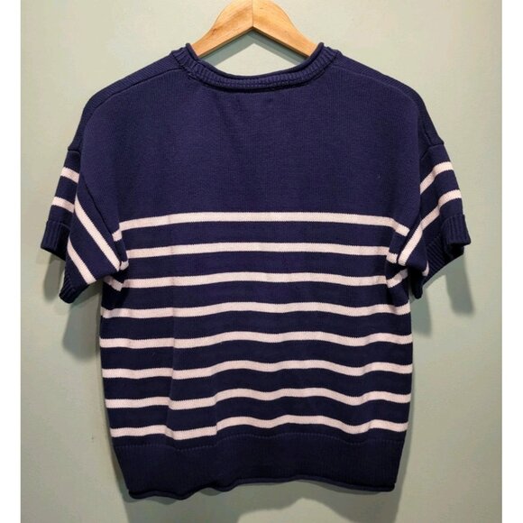 Life Is Good Blue White Stripe Short Sleeve Sweater Sz L Nautical Preppy - Picture 4 of 6